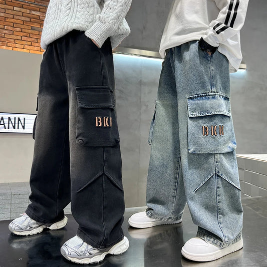 personalized workwear jeans Spring and Autumn 2025 Spring and Autumn New Straight Pants Boys  Wide Legs Handsome Trendy 5-15 yea