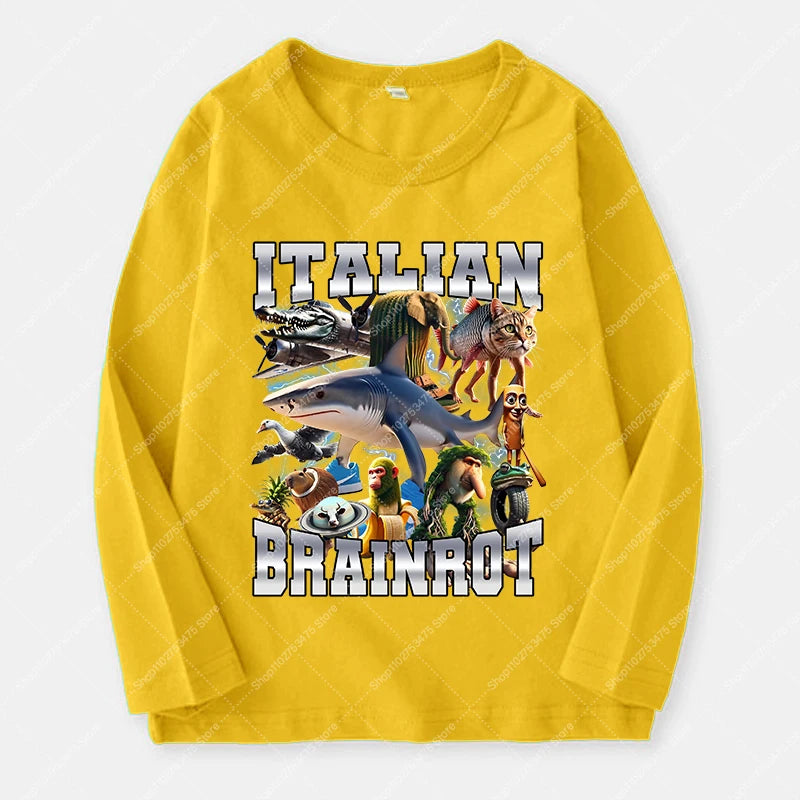 Italian Brainrot Long Sleeve T-shirt for Kids Funny Meme Children Autumn Tops Tung Tung Tung Sahur Tee Boy Girl Clothing Gifts