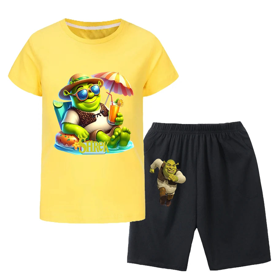 Shrek Child Tracksuit Blouse Short Sleeve Family Matching Clothes Sets for Baby Set for Children From 6 To 12 Years Old Summer