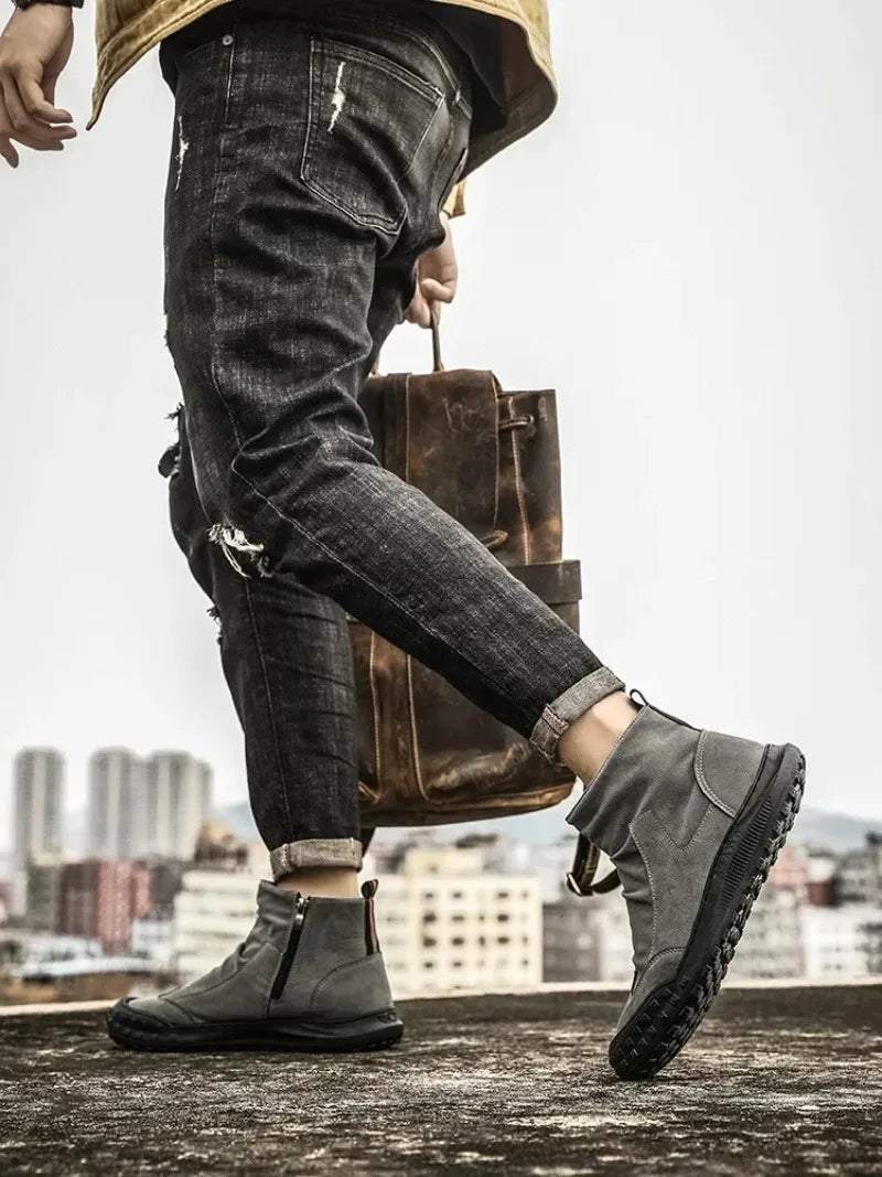 Boots for Men Retro Side Zipper Men's Ankle Boot Pleated Designer Men Boots  Outdoor Non Slip Workwear Booties Botas Para Hombre