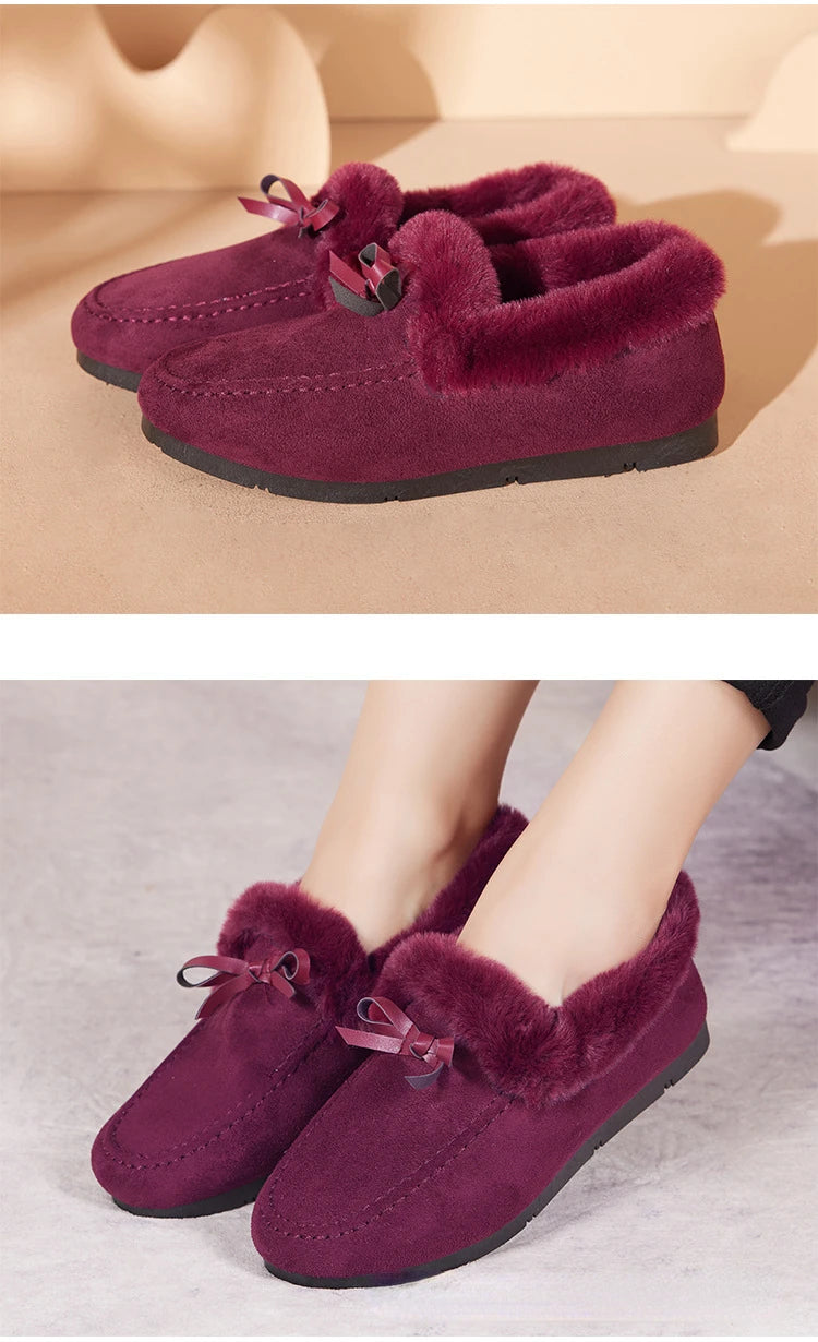 Women Winter Casual Shoes New Moccasins Soft Flat Non-slip Loafers Fashion Comfort Warm Plush Bow Slip on Female Cotton Shoes