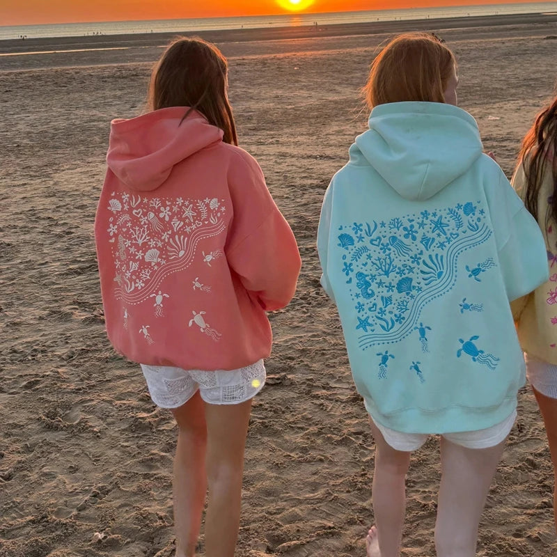 Combhasaki Cute Hoodies for Teen Girls Graphic Embroidery Oversized Preppy Sweatshirt Y2K Long Sleeve Aesthetic Beach Hooded Top