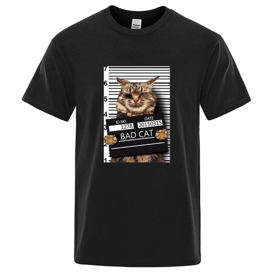 Summer Men's High Quality T-shirt 100% Cotton Funny Criminal Cat Pattern Printed Casual Cool O-neck T Shirt Loose Male Tees Tops