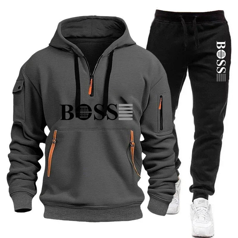 Men's Autumn and Winter New Pullovers Hoodie and Pants 2-piece Set, Outdoor Jogging Windproof Zipper Warm Men's Sportswear