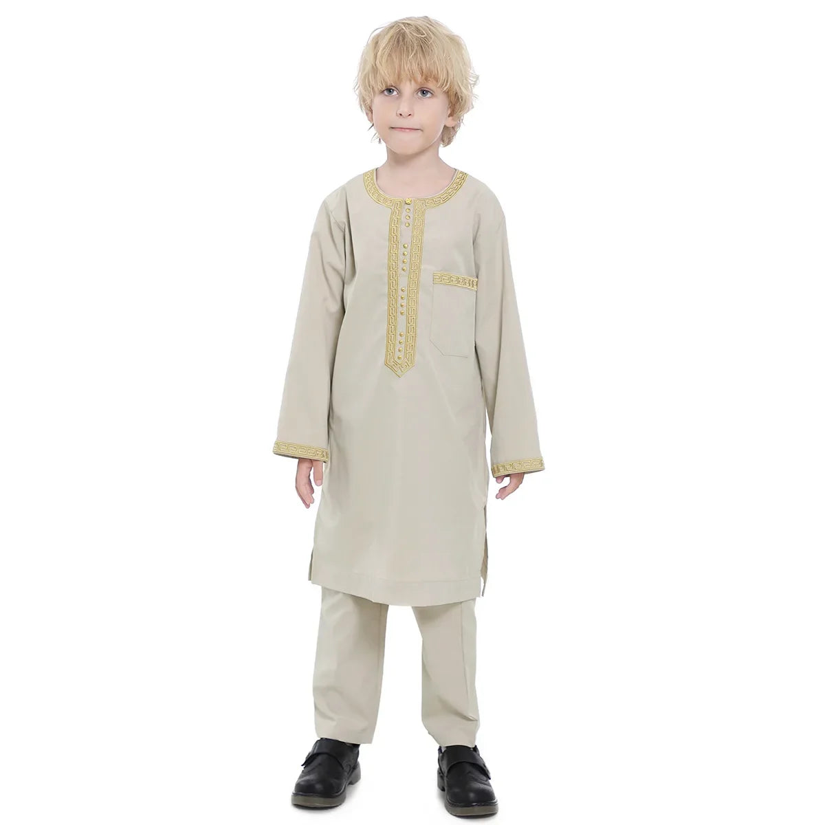 Muslim Children Robe 2 Pieces Set Kids Boy Round Neck Long Sleeve Printed Dress Shirt Abaya Kaftan Jubba Thobe Islamic Clothing