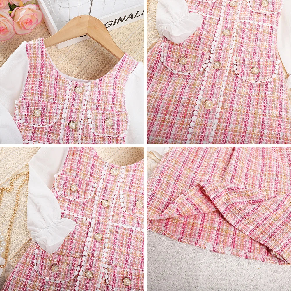 Menoea Girls' Dress 2023 Autumn New Girls' Round Neck Plaid Lace Button Long Sleeve Dress Girls' Fashion Patchwork Dress