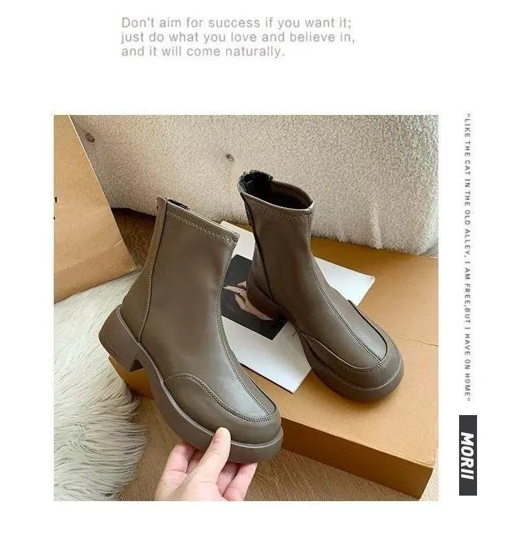 Women's British Chelsea Boots     Black Square-Toe Elastic Booties Side Zip Fringe Winter Shoes Versatile Winter Shoes