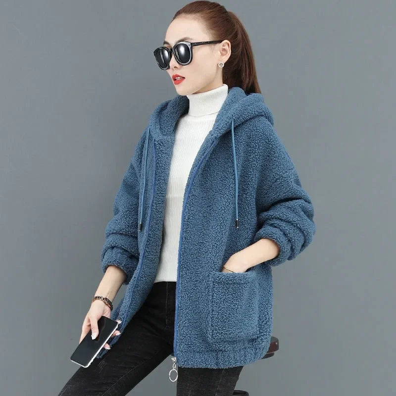 Lamb Velvet Hoodie Women's Thickened Fleece Teddy Velvet Loose Autumn Winter Korean Style Zipper Cardigan 082