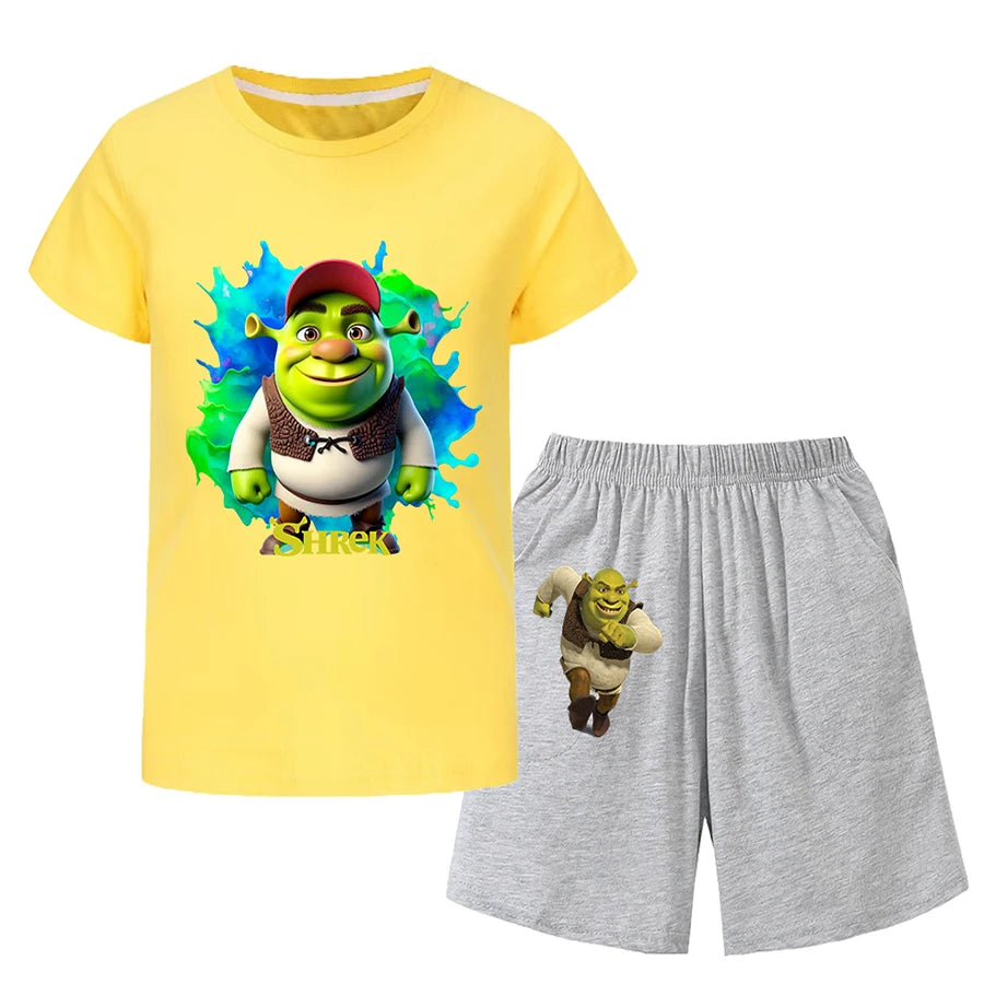 Shrek Child Tracksuit Blouse Short Sleeve Family Matching Clothes Sets for Baby Set for Children From 6 To 12 Years Old Summer
