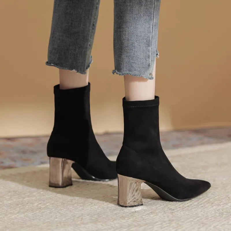 Womens Sexy Boots Suede Women'S Thick Heels And Pointed Black High Heels Versatile And Elegant Boots Zapatos De Mujer Ofertas