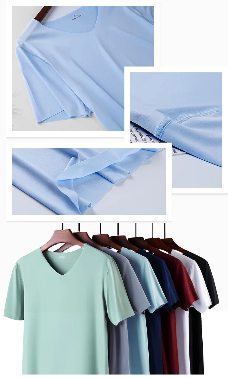 Summer Seamless Breathable Ice Silk T-Shirt Vest Men's Sports Short Sleeve T-shirt Solid Color V-neck Tees Quick Dry Shirt Tops