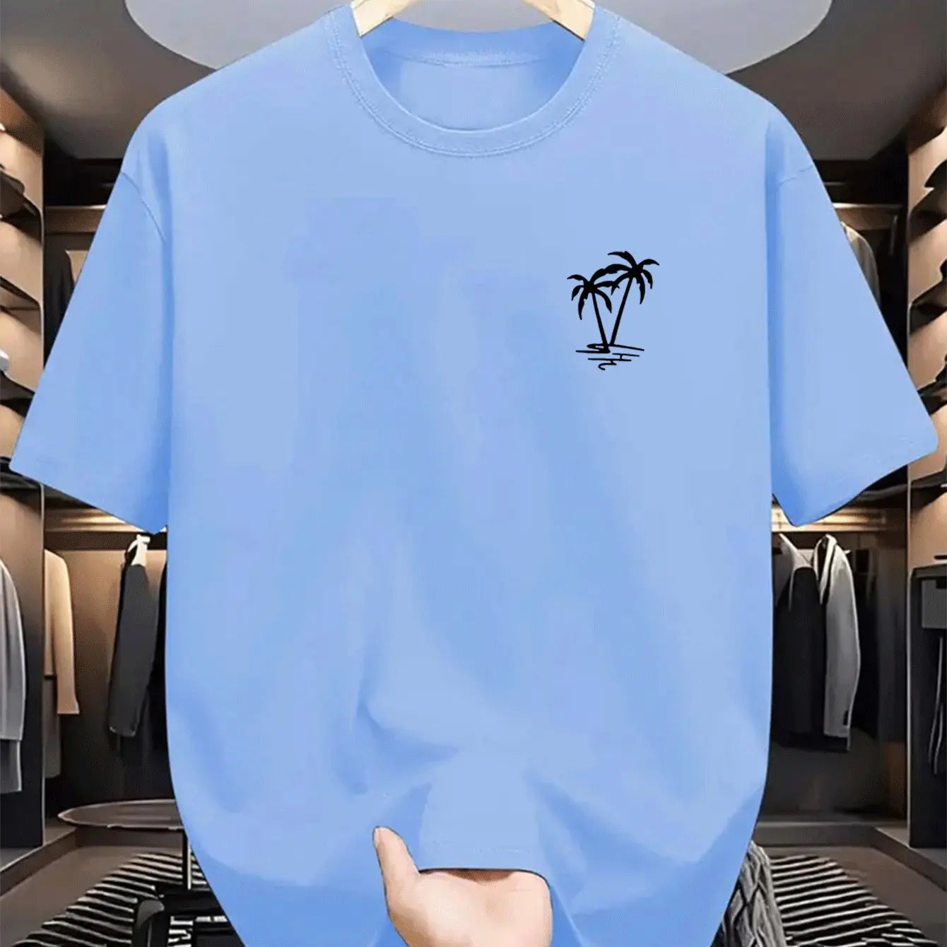 Men's summer  cotton fashionable casual loose coconut tree pattern printed sports round neck short sleeved T-shirt top