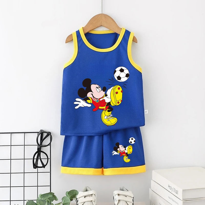Disney Summer Thin Tracksuits New 2pcs Toddler Boys Casual Quick-drying Vest Tops+Shorts Kid Cartoon Printed Simple Outfits