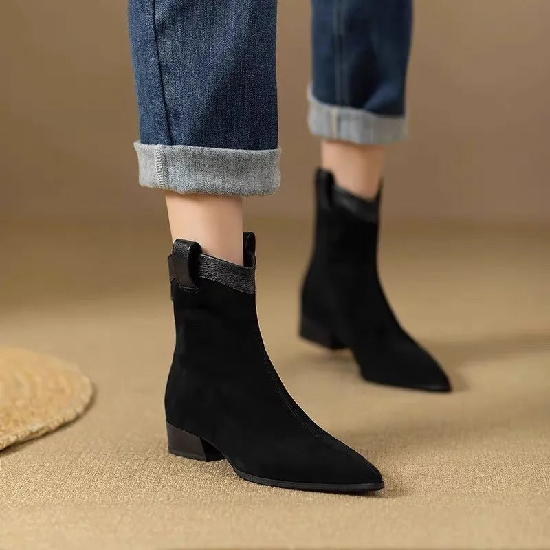 Scrub Ankle Boots Sheepskin Suede Pointed Toe Block Heel Chelsea Booties Fall Winter Suede Western Boots for Women