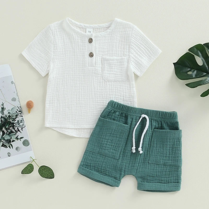 Pudcoco 2Pcs Baby Boy Summer Outfits, Short Sleeve Button Down Pocket Tops + Shorts Set Toddler Clothes 0-3T