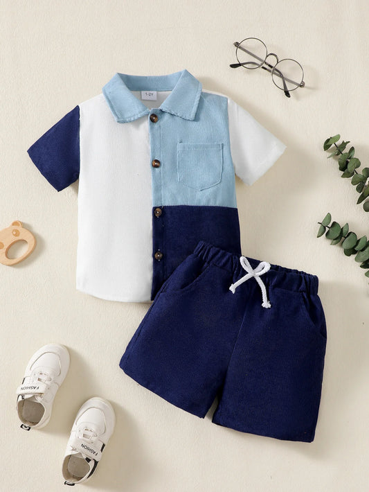 1-6 Year Children Boys' Flip collar Color Blocked Pit Stripe Top+Shorts Fashion 2Pcs /set Sunny  Handsome Boys' Summer Set