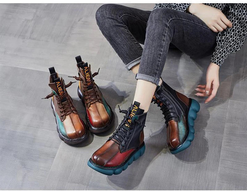 New Autumn Boots Women Mixed Colors Shoes Fashion Round Toe Lace Up Casual Thick-soled Ladies Flat Platform Short Boots
