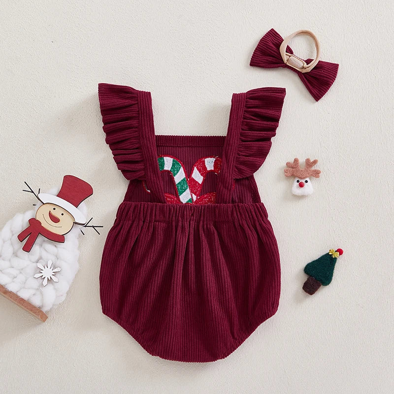 Baby Girl Christmas Overall Romper Casual Candy Cane Embroidery Corduroy Jumpsuit and Headband Set Fashion Clothes Outfits