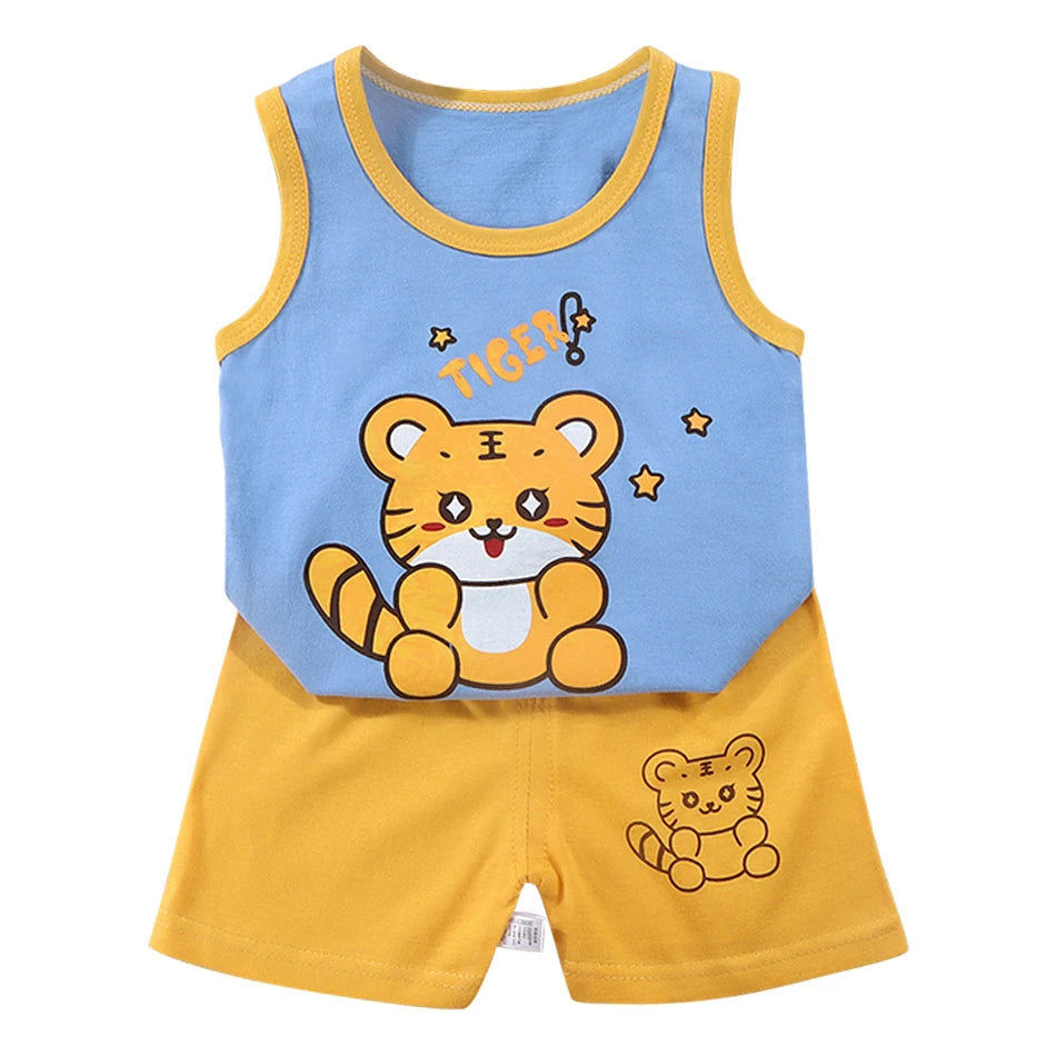 2 Pcs Summer Children's Animal Cartoon Print Vest Sets Girls Clothes Baby Korean Thin Boys Kids Sleeveless Casual Clothing Sets