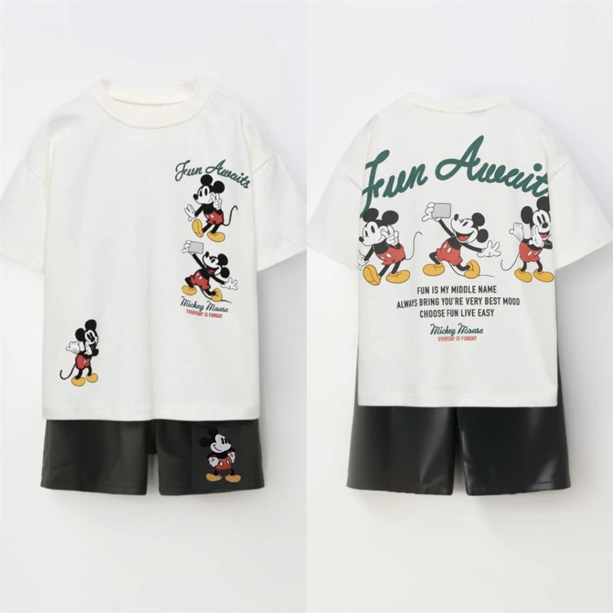 Disney Child Costume Mickey Mouse Double-sided Print Tshirt Short-sleeved Tracksuits 2026 Boys Girls Cute Tees Black Shorts