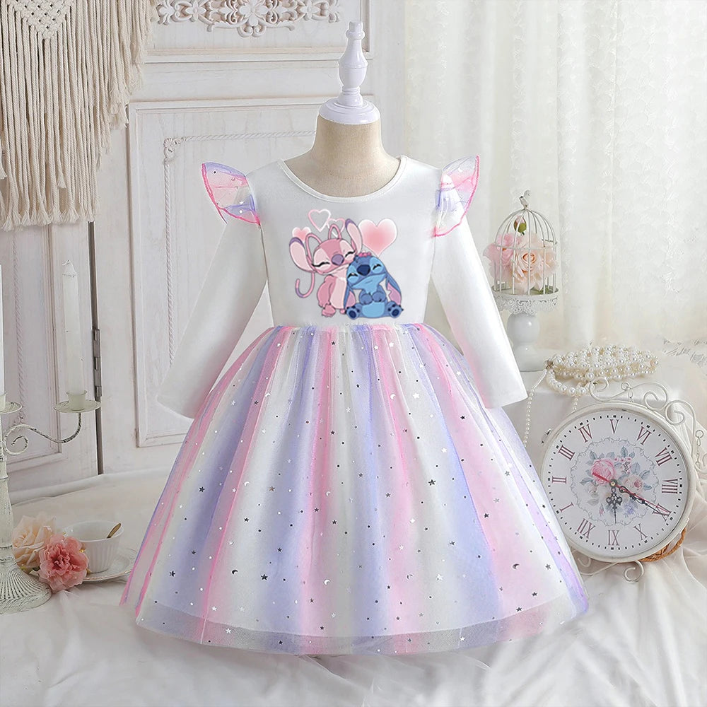 Stitch Princess Dress Autumn New Disney Baby Girls Dress Spring Autumn Long-sleeved For Children Kids Clothes Birthday Party