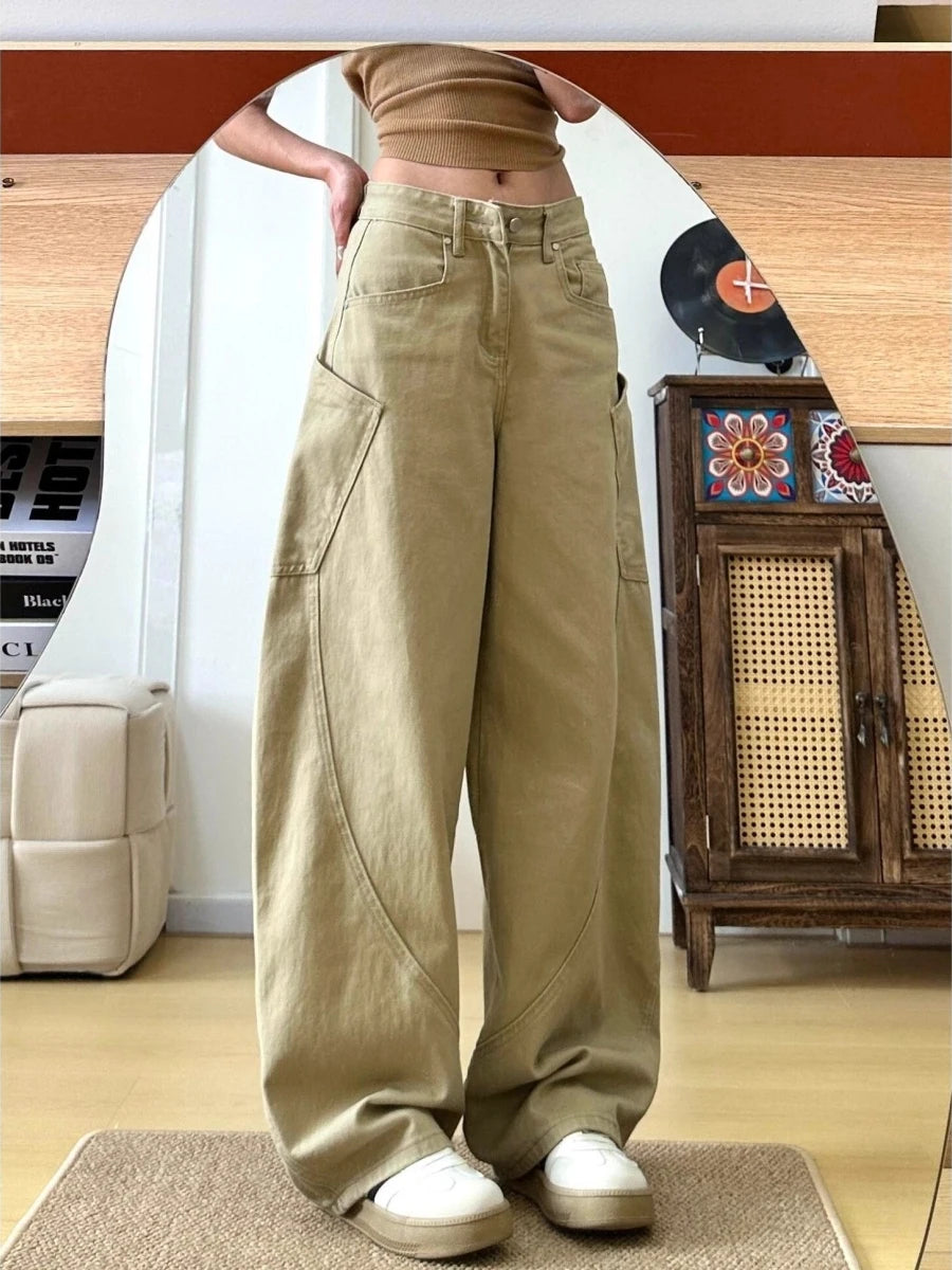Retro American Khaki Wide Leg Jeans Women's Loose Fit Slimming Spring Autumn High Waist Versatile Casual Cotton Denim Pants