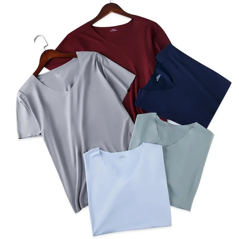 Summer Seamless Breathable Ice Silk T-Shirt Vest Men's Sports Short Sleeve T-shirt Solid Color V-neck Tees Quick Dry Shirt Tops