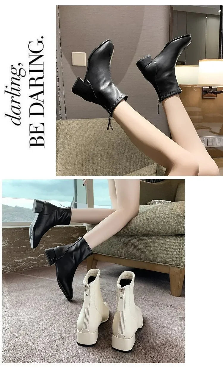 2025 New Elastic Socks Boots Women's Ankle Boots High Heels Thick Heels Square Toe Short Boots Retro Women's Shoes Botas Mujer