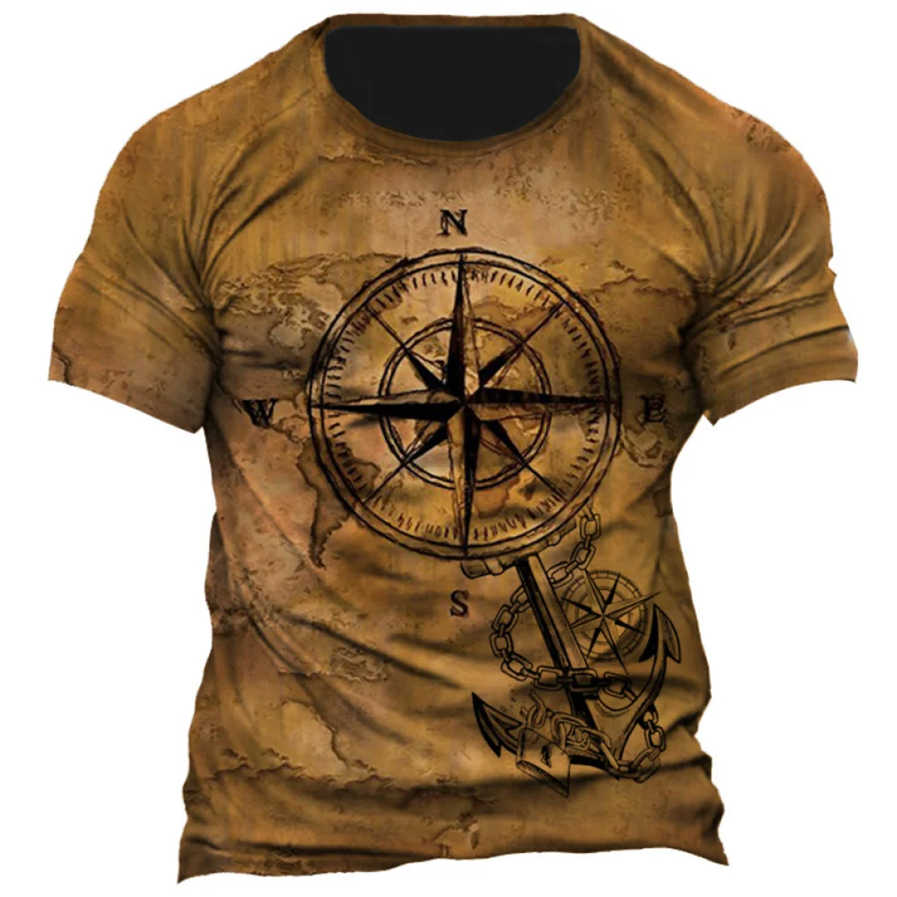 Vintage Men's T-shirt Summer American Shirt Tops Compass Printed Short-sleeve Tees Loose Daily Men Clothing Casual Streetwear