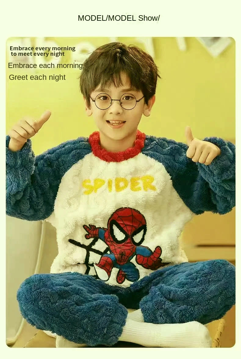 Winter Marvel Children Clothing Boys Sleepwear Set Flannel Thick Long Sleeve Warm Set Pajamas Two Pieces Kids Clothes Spiderman
