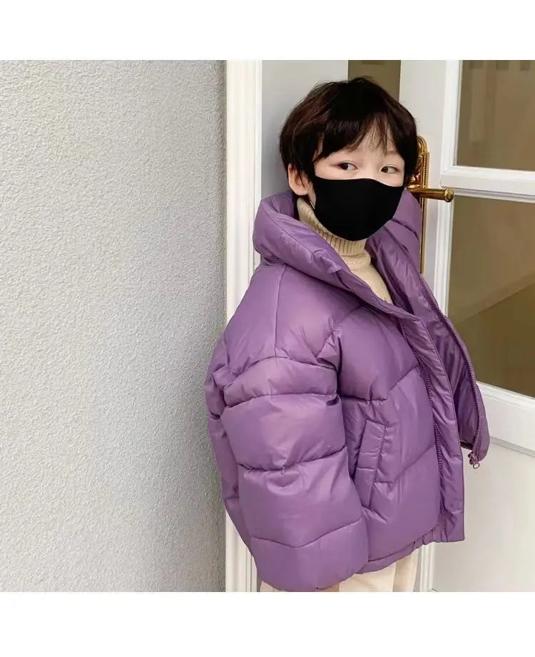 Children Boys Short Thick Parkas Standing Collar Silk Floss Bread Jacket for Boy Girl Letter Warm Solid Toddler Boys Winter Coat