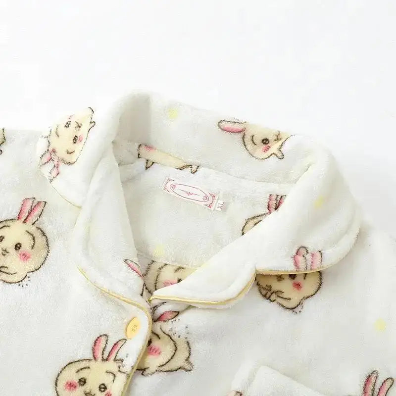 Chikawa Flannel Pjs Thicken Winter Usagi Long Sleeved Pajama Pants Set for Women Plus Velvet Cute Blue Hachiware Home Clothes