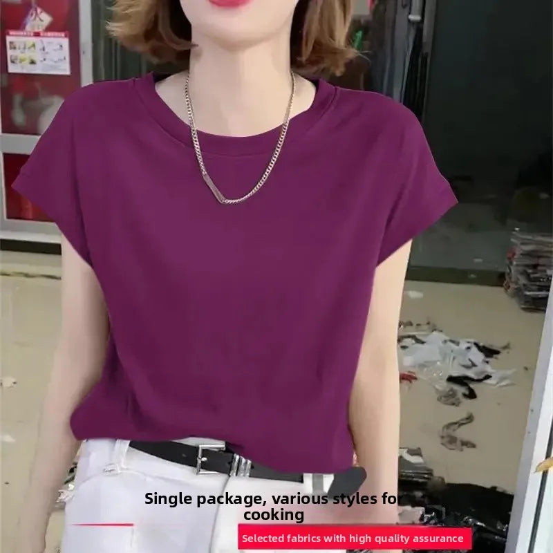 Ice Silk Loose Short Sleeve Crew Neck T-Shirt Knitted Polyester Fiber Summer Basic Top Ice Thread Decorated Bottom Shirt