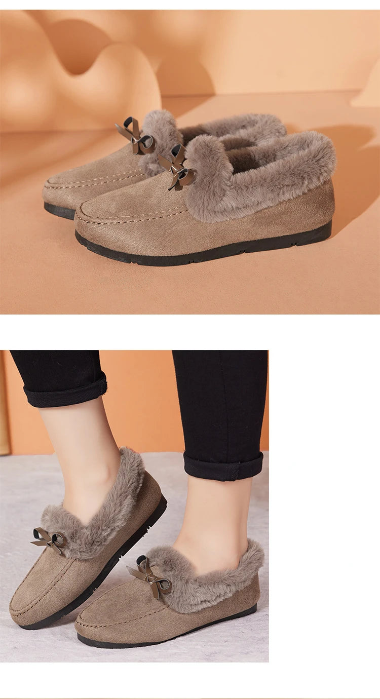 Women Winter Casual Shoes New Moccasins Soft Flat Non-slip Loafers Fashion Comfort Warm Plush Bow Slip on Female Cotton Shoes