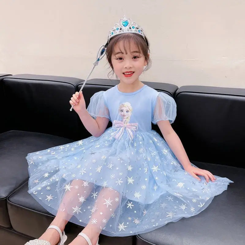 New Disney Girls DressShort Sleeve Kids Clothes  Princess Dresses Frozen Elsa Party Baby Dresses for Children Clothing
