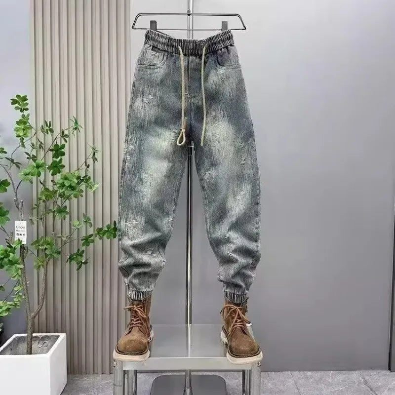 2025 Spring and Autumn Trendy Men's Versatile Cool and Trendy Washed Blue Casual Fashion Drawstring Loose Fit Jeans