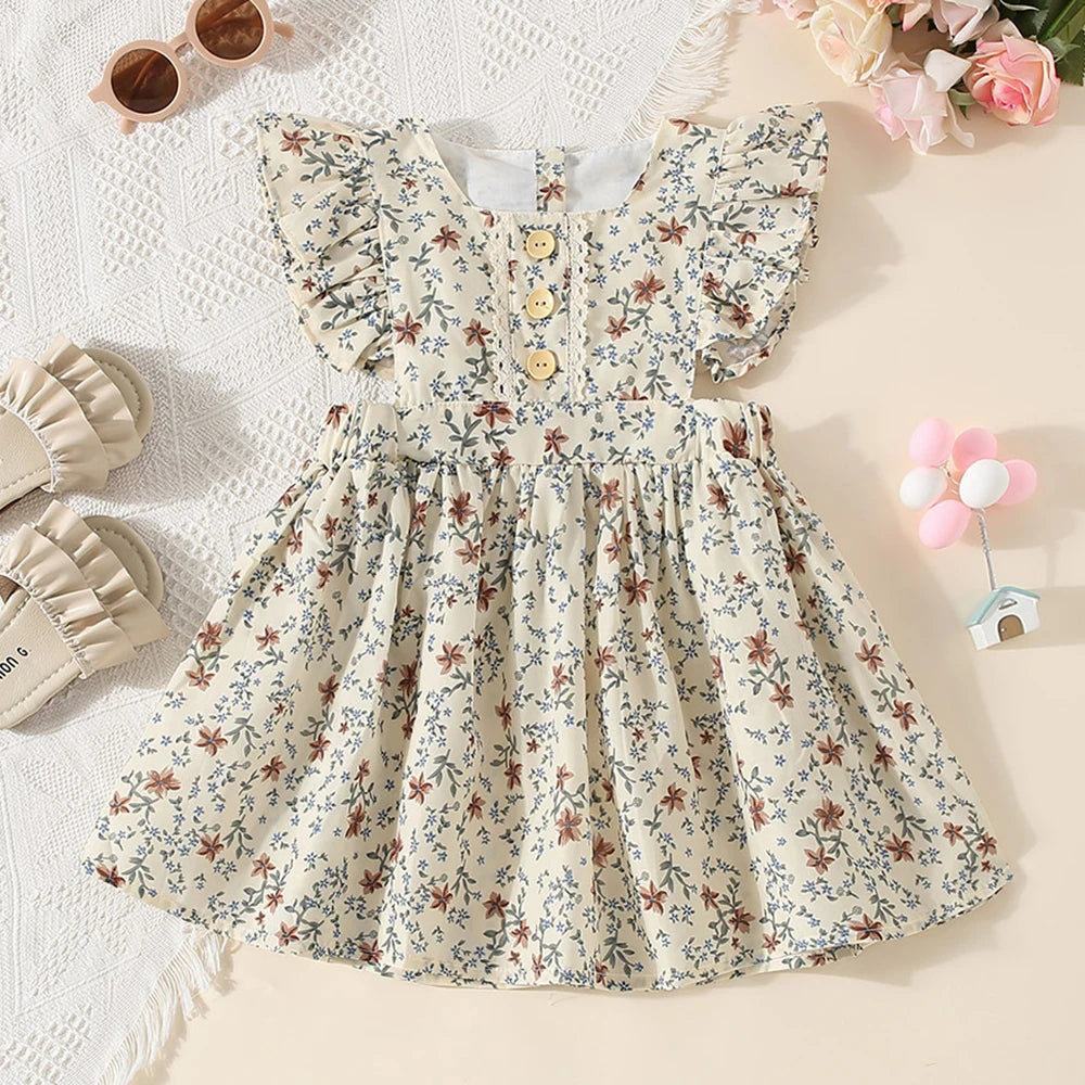 Kids Dresses for Girls Floral Flying Sleeves Casual Dresses Summer Ruffles Sweet Casual Daily Dress Toddler Casual Flower Dress