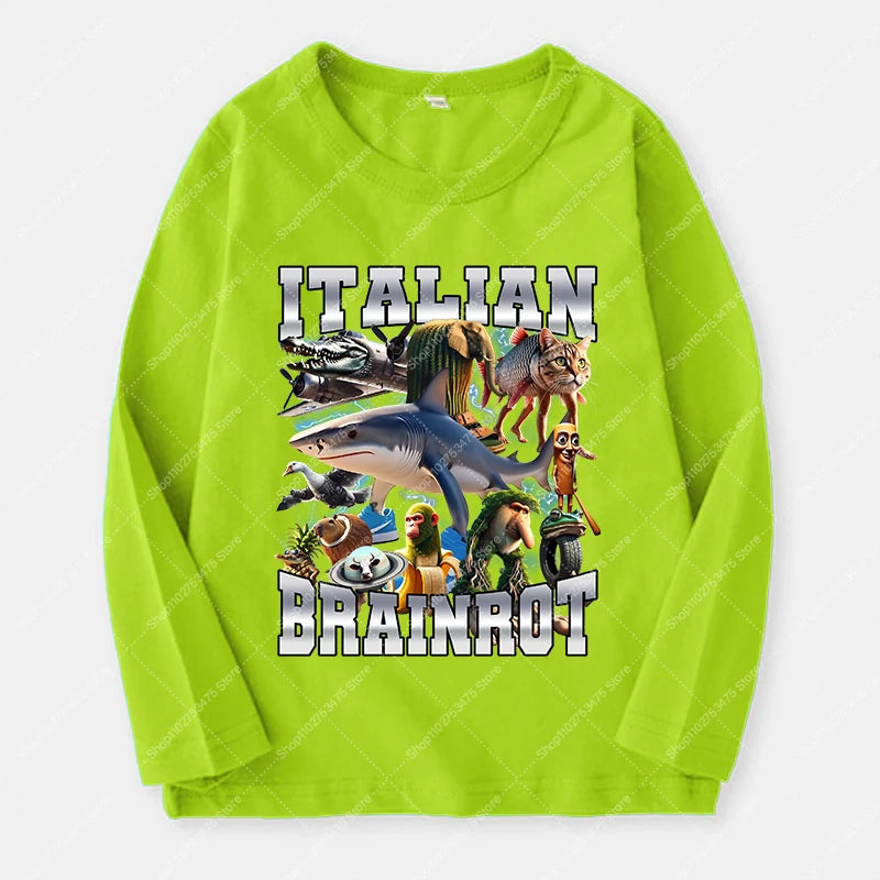 Italian Brainrot Long Sleeve T-shirt for Kids Funny Meme Children Autumn Tops Tung Tung Tung Sahur Tee Boy Girl Clothing Gifts