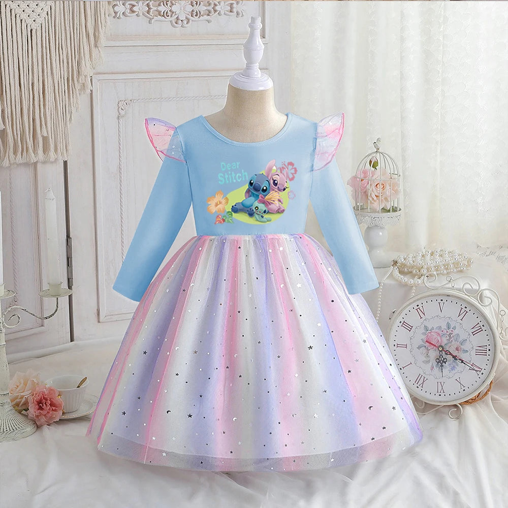 Stitch Princess Dress Autumn New Disney Baby Girls Dress Spring Autumn Long-sleeved For Children Kids Clothes Birthday Party