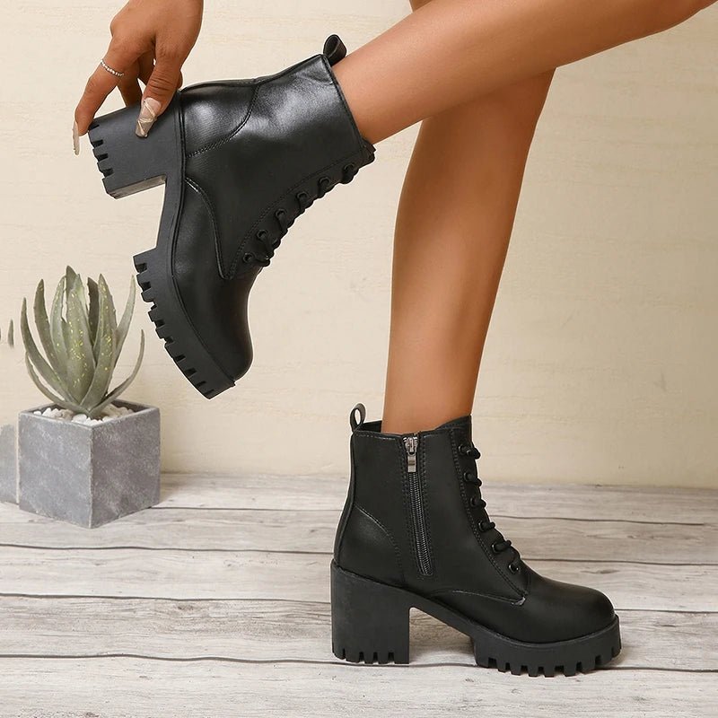Fashionable New Comfortable and Wear-resistant Women's Work Boots Winter Elegant Solid Color Round Toe Lace Up Short Boots