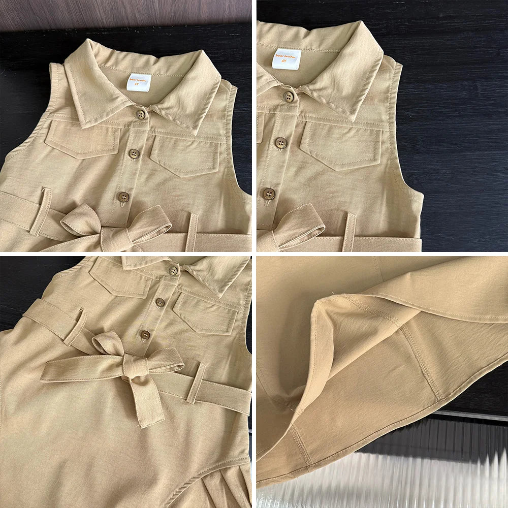 Bear Leader Fashion Girls Windbreak Dresses Summer Sleeveless Work Outfits with Waistband Solid Color Kids Clothes