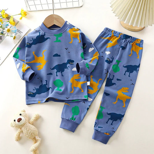 New 2025 Boys Girls Autumn Warm Pure Cotton Pajamas Kids Cute Cartoon Dinosaur Long Sleeve Pyjamas Baby Sleepwear Clothing Sets