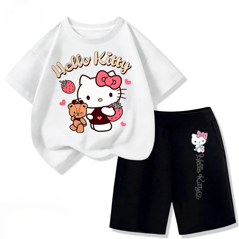 Sanrio Children's T-shirts Sets Girls Summer Short Sleeve Shorts Two Piece Suit Kids Outfits Breathable Sport Clothes Set