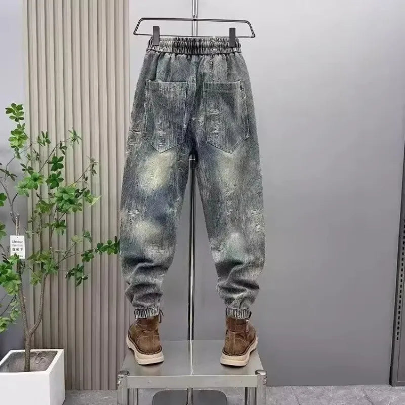 2025 Spring and Autumn Trendy Men's Versatile Cool and Trendy Washed Blue Casual Fashion Drawstring Loose Fit Jeans