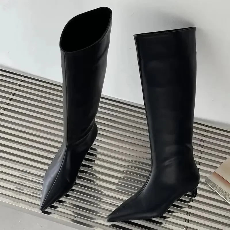 2025 new Autumn Winter Long boots Cosy Pointed Toe Woman Knee-High Boots Slip-On Low Thin Heels Cowboy Ladies Shoes Botas Mujer