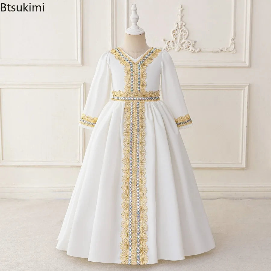 Middle Eastern Arabian Kids Robe Splice Embroidered Belt Dress Muslim Long Sleeve Abayas Dubai Islam Girls Lace Dress Party Gown
