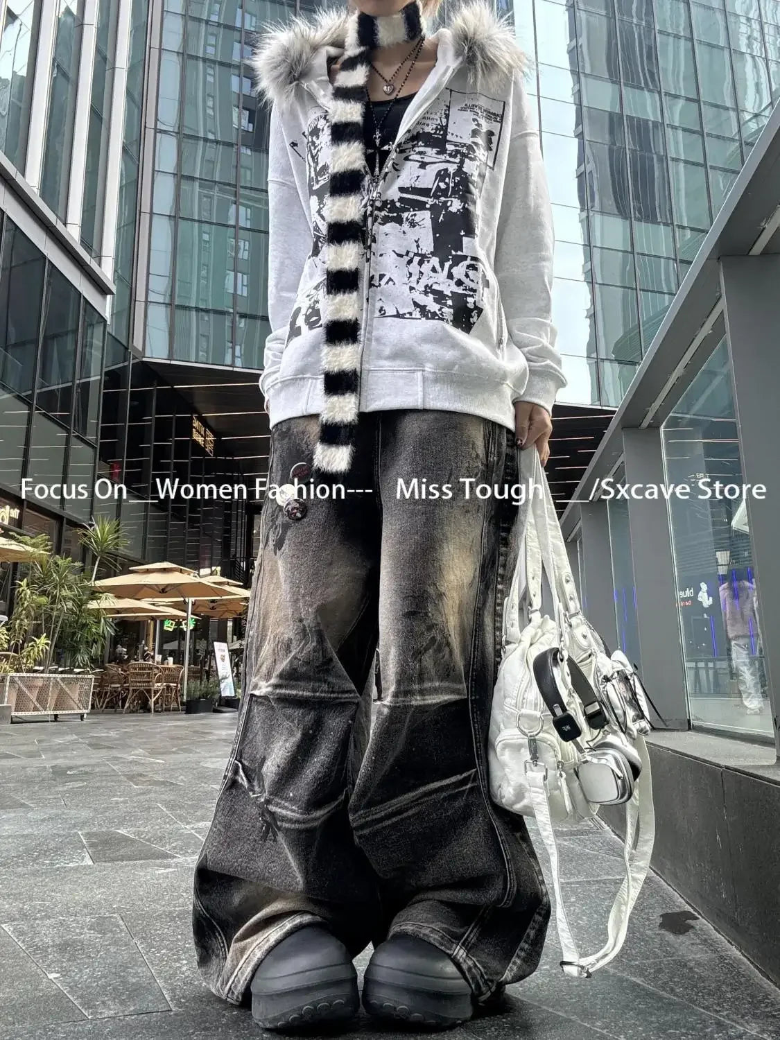 Subculture Vintage Faux Fur Hooded Women Casual Y2k Clothing Korean Fashion Sweatshirts Harajuku Gothic Printed Coats Jackets