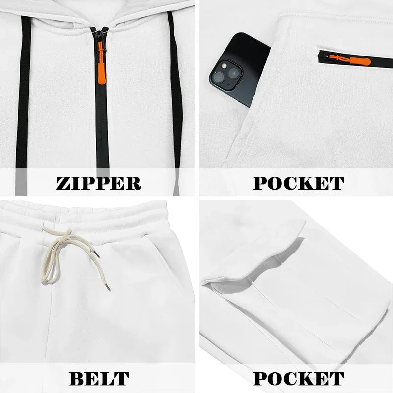 Autumn and Winter Printed New Men's Velvet Hoodie, Work Clothes, Pants Set, Sports Fashion, Leisure Multi Pocket 2-piece Set