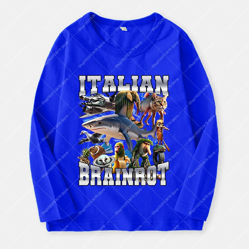 Italian Brainrot Long Sleeve T-shirt for Kids Funny Meme Children Autumn Tops Tung Tung Tung Sahur Tee Boy Girl Clothing Gifts