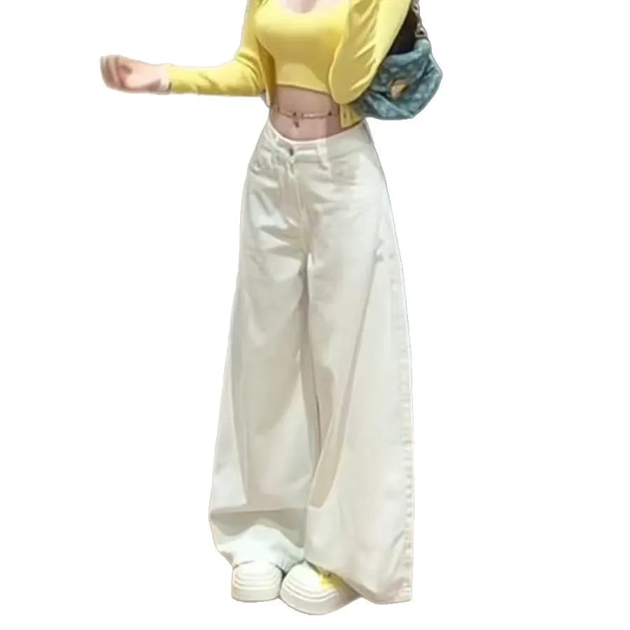 High Waist Wide Leg Straight Cut Jeans White Loose Slimming Drapey Floor Length Trousers Street Style Trendy Jeans